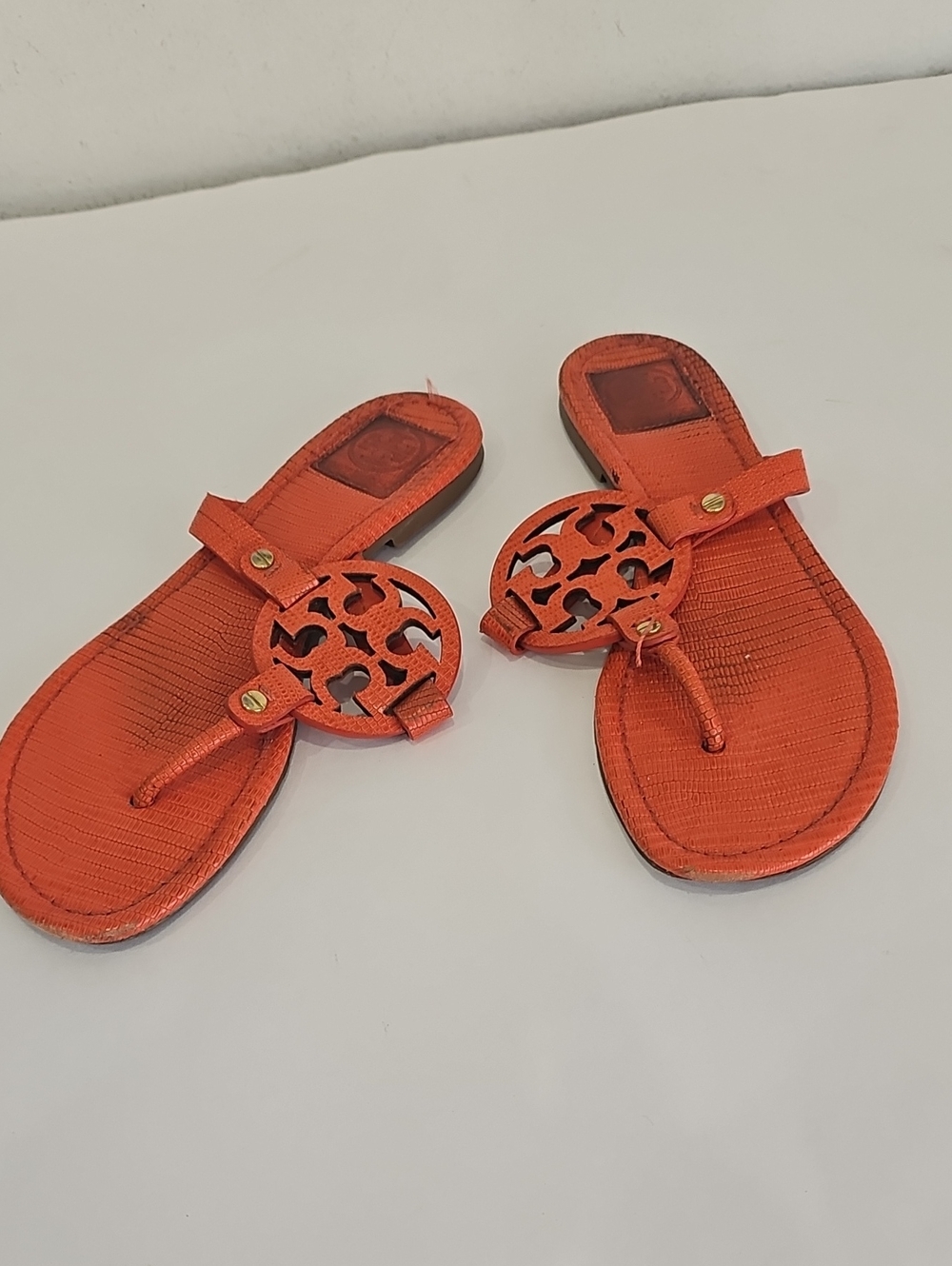 Tory Burch Miller sandals  crafted from orange lizard-embossed leather Size 8.5